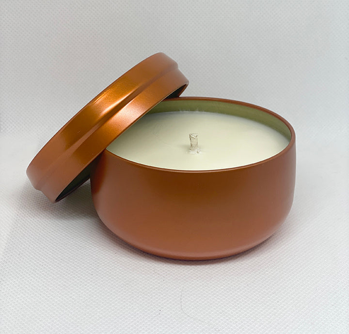 Orange elegant tin used for our soy candle