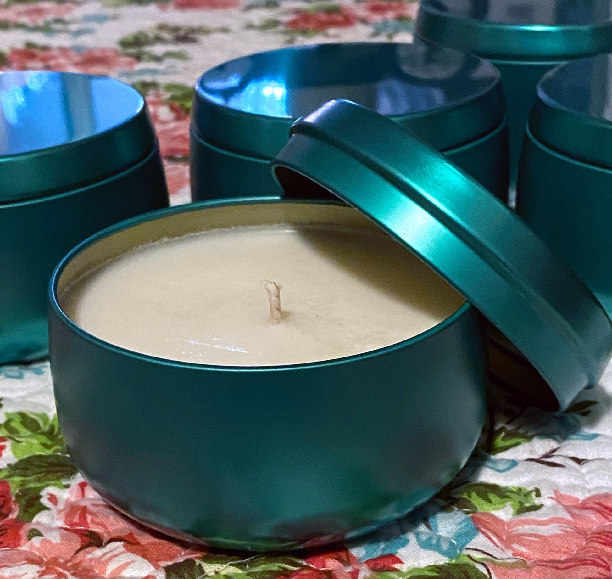 Fraser Fir hand-poured soy candle in our teal containe with cover