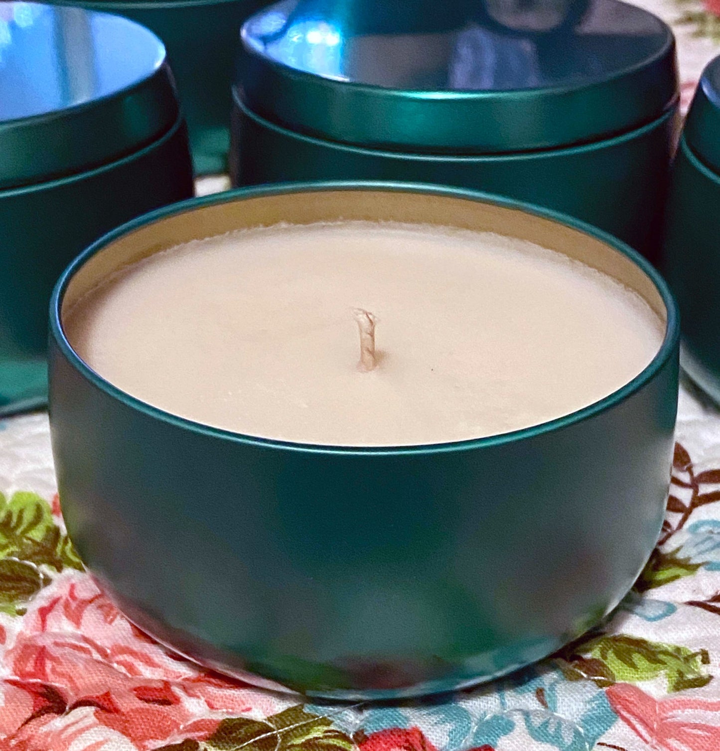 Fraser Fir hand-poured soy candle in teal tin with no cover