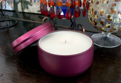 Black Currant Absinthe hand-poured soy candlein elegant wine color tin